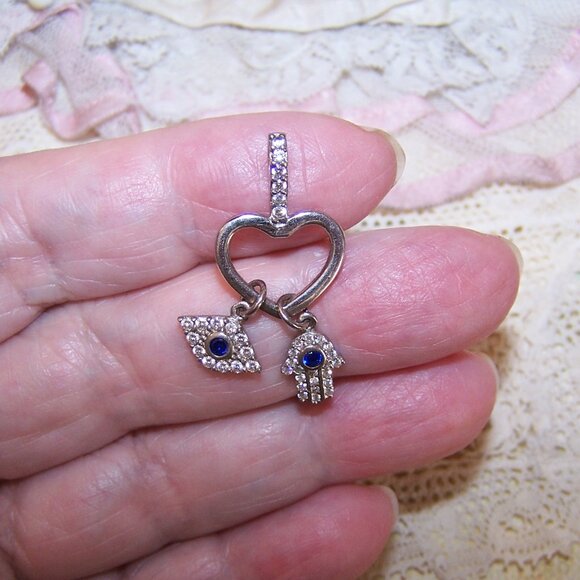 Sterling Silver Cubic Zirconia Heart Pendant with Evil Eye and Hamsa Charms - Picture 5 of 7